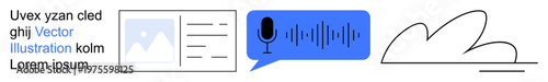 Digital communication, media content, voice technology, audio transcription, storage solutions, creative assets. Speech bubble with a microphone, cloud sketch and media layout. Digital communication