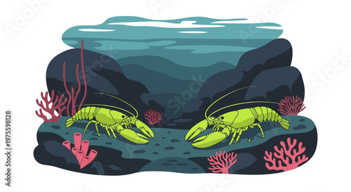 Two green lobsters on the ocean floor surrounded by rocks and coral.