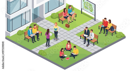 Isometric illustration of college students gathered outside a university building, some studying on benches and the lawn, rendered in a bright, colorful vector design against a clean