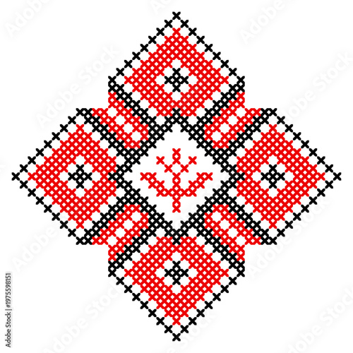 Ukrainian Vyshyvanka embroidery element, red and black cross stitch ornament isolated on white	
