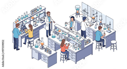 Isometric illustration of college students in a university laboratory room, doing experiments and wearing lab coats, with a clean, modern design, showcasing the world of science