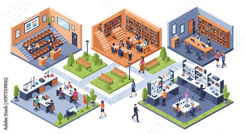 Isometric vector art shows students and faculty in a university building classroom and laboratory setting, with a bright and modern design and a focus on collaboration and learning