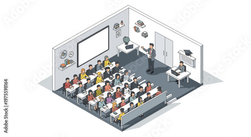 Isometric illustration of a professor lecturing to college students in a university classroom with a blank whiteboard, presented in a colorful vector design against a clean background
