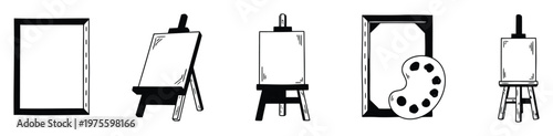 Collection of hand drawn art studio tools including painter easels canvases and color palettes for creative projects and artistic hobby supplies