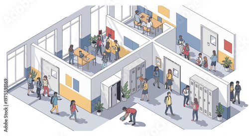 Isometric illustration featuring college students in a university building, depicted in a vector design with a vibrant and colorful aesthetic, showcasing the daily life and activities