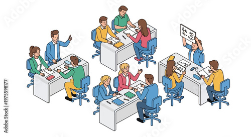 Isometric vector illustration showing college students in a laboratory room collaborating at desks with a bright, clean design, creating a vibrant and engaging learning environment