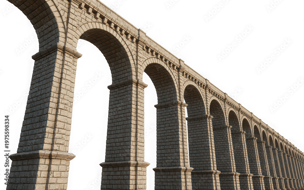 Fototapeta premium Stone aqueduct with multiple arches isolated on a transparent background architecture