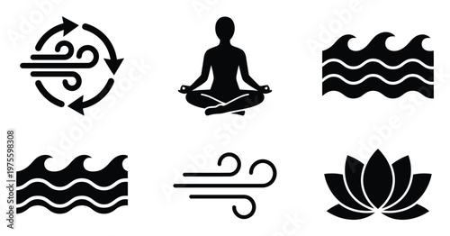 Holistic symbols representing air circulation, meditation, water waves, and a serene lotus flower for wellbeing, nature, and spiritual concepts
