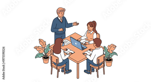Isometric vector illustration showing a college classroom scene with students and a teacher, set against a clean white background that emphasizes the artful design and the sense