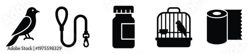 Collection of essential pet care black and white icons including a bird, leash, supplement bottle, cage, and pet waste bags for animal services promotion and related businesses