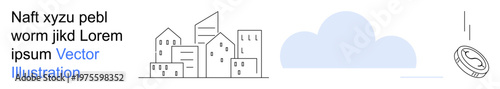 Financial growth, urban development, economy, innovation, investment, technology. Minimalistic cityscape with cloud and falling coin. Financial growth and urban development concepts