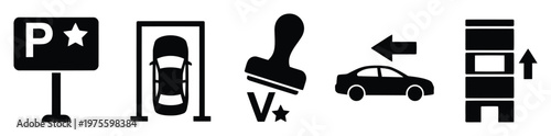 Essential vector icons depicting premium parking, vehicle access points, validated services, directional guidance, and multistory garage options for modern transportation and mobility