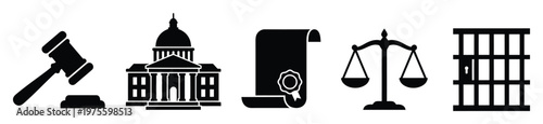 Illustrative legal and justice system icons representing authority, law, and fairness, featuring gavel, government building, official document, balancing scales, and prison bars.