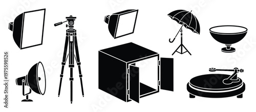 Professional photography studio equipment collection including softboxes tripods umbrellas and light tents for product photoshoots and commercial image creation