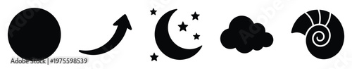 Minimalistic black silhouette icons featuring diverse abstract shapes like a full circle, upward curved arrow, moon and stars, fluffy cloud, and nautilus shell for various digital and print