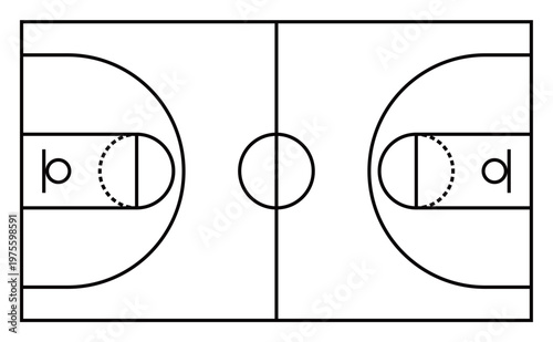 バスケットボールコートのモノクロ平面図（俯瞰・シンプル・作戦盤・アイコン）