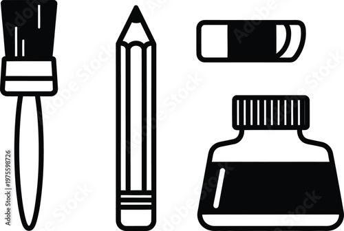 Art supplies: brush, pencil, eraser, ink bottle - graphic illustration