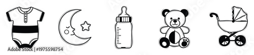 Bundle of baby care symbols featuring a soft bodysuit, dreaming moon, essential feeding bottle, playful teddy, and traditional stroller ideal for nursery themes and infant product packaging