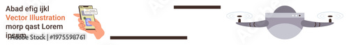Remote operation, digital connectivity, quadcopter control, delivery services, smart technology, automation. A hand holds a smartphone controlling a Quadcopter in mid-flight. Drone control