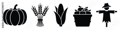 Autumn harvest symbols including a pumpkin wheat bundle corn cob bucket of apples and scarecrow representing seasonal farming themes and fall traditions for various graphic projects