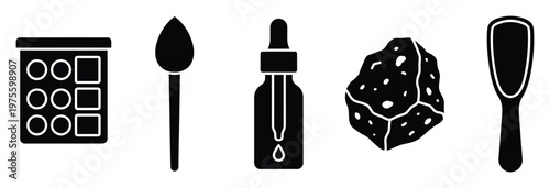 Collection of skincare and makeup tools including a palette, brush, dropper bottle, exfoliating sponge, and spatula, suitable for beauty product branding and cosmetic industry promotion