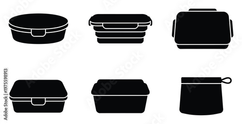 Collection of versatile food storage container icons for meal prep, school lunches, or kitchen organization illustrating different types of boxes and bags for carrying snacks.