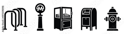 Assortment of essential street objects including bicycle rack metro sign newspaper box mail post and fire hydrant for urban infrastructure and public service graphic presentations