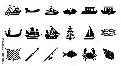Extensive collection of marine vessels, fishing gear, and sea creatures presented as versatile vector icons, perfect for web graphics, educational content, and various nautical applications.