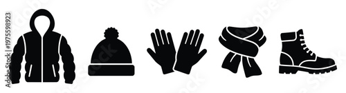 Collection of essential winter outerwear accessories for cold weather comfort and warmth protection during outdoor activities and seasonal travel