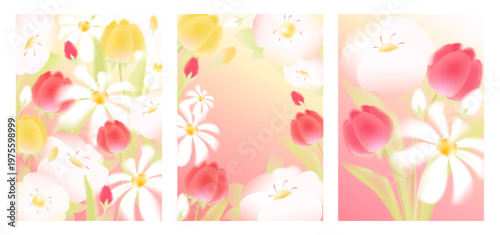 Spring flower gradient background with abstract green blur and soft pastel tones brochure. Chamomile and tulip delicate floral elements on modern minimalist poster design for seasonal banners.