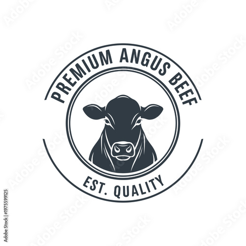 Premium Angus Beef Logo Stamp With Cow Head Emblem and Established Quality Badge.