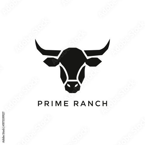 Prime Ranch Bull Logo, Minimal Black Cattle Head Emblem for Beef Brand Identity.