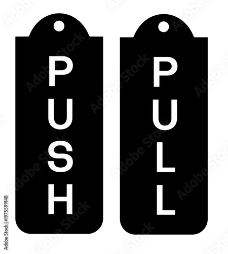 A set of two vertical door signs in black and white. Features bold white 