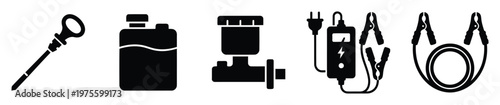Comprehensive collection of automotive care and emergency equipment icons for vehicle diagnostics, fluid checks, battery charging, and roadside assistance applications