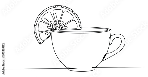 Elegant single continuous line drawing of a simple cup with a refreshing lemon slice on the rim perfect for minimalist kitchen decor or healthy lifestyle brand promotions