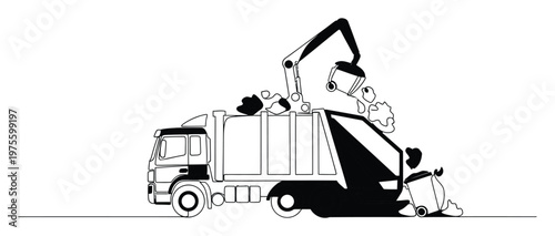 Garbage truck actively collecting waste from a trash bin using its automated arm, depicting essential municipal sanitation and recycling services for urban environmental infrastructure.