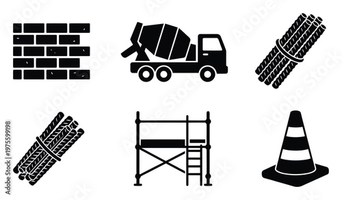 Construction industry glyphs featuring brick wall, concrete mixer truck, rebar, scaffolding, and traffic cone, perfect for engineering diagrams, architectural blueprints, and safety