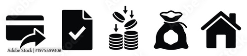 Financial transaction and property management icon set for banking services, investment planning, and home financing applications