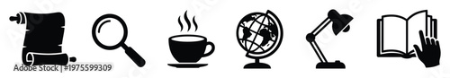 Essential icons for education, research, and learning, featuring scroll, magnifying glass, coffee cup, world globe, desk lamp, and open book, perfect for academic resources.