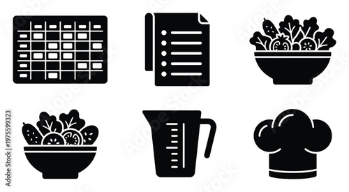 Collection of essential glyph icons representing meal planning, recipe preparation, healthy food choices, and kitchen tools, perfect for culinary applications, diet apps, and cookingrelated