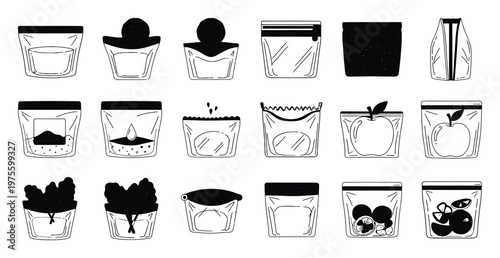 Practical black and white outline food storage bags with various contents like liquids, powders, and fresh produce, perfect for showcasing kitchen organization, meal preparation, and
