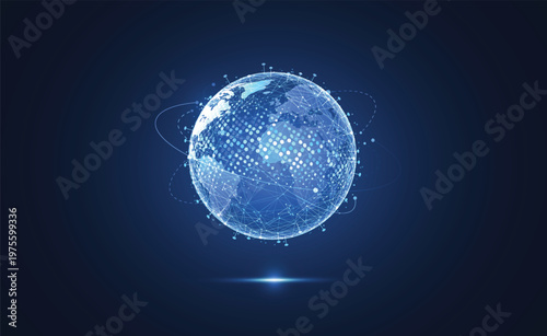 Global digital network connection concept with glowing blue earth globe and lines on dark blue background.