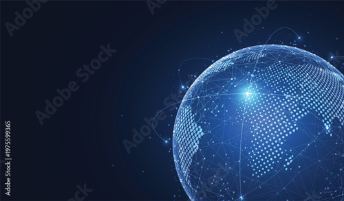 Global digital technology network connection concept with blue glowing globe and copy space.