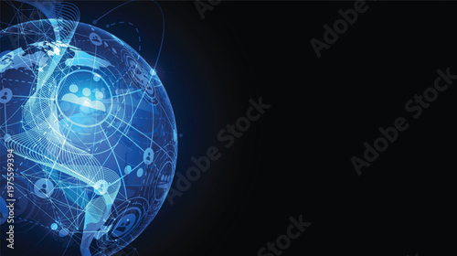 Global social network connection concept with blue earth globe and people icons on dark background.