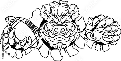 A wild boar, hog razorback warthog pig mean tough cartoon sports mascot holding an American football ball