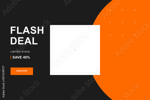 Modern flash deal promotional banner template with bold typography and orange geometric accents for e commerce marketing campaigns and digital retail sales