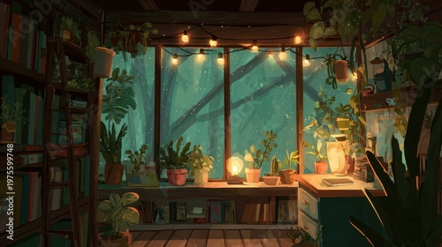 Cozy dimly lit room filled with lush green potted plants and overflowing bookshelves illuminated by warm string lights and a desk lamp casting soft glows creating a tranquil atmosphere for reading