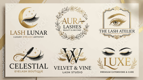 Luxury Eyelash Extension Logo Design Collection in Gold and Black for Beauty Branding