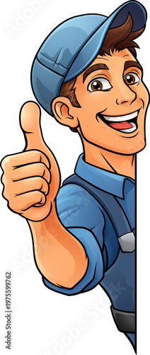 A painter, handyman, mechanic, plumber or other construction cartoon mascot man in overall dungarees. Giving a thumbs up.