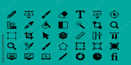 icon pack UI/UX of graphic design software tools featuring pen tool, brushes, layers, cropping, color palettes, and vector editing interface elements.